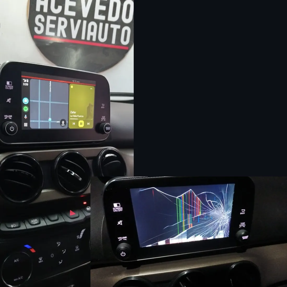 Pantalla Fiat con falla de display con rayas de colores, reparada en el taller