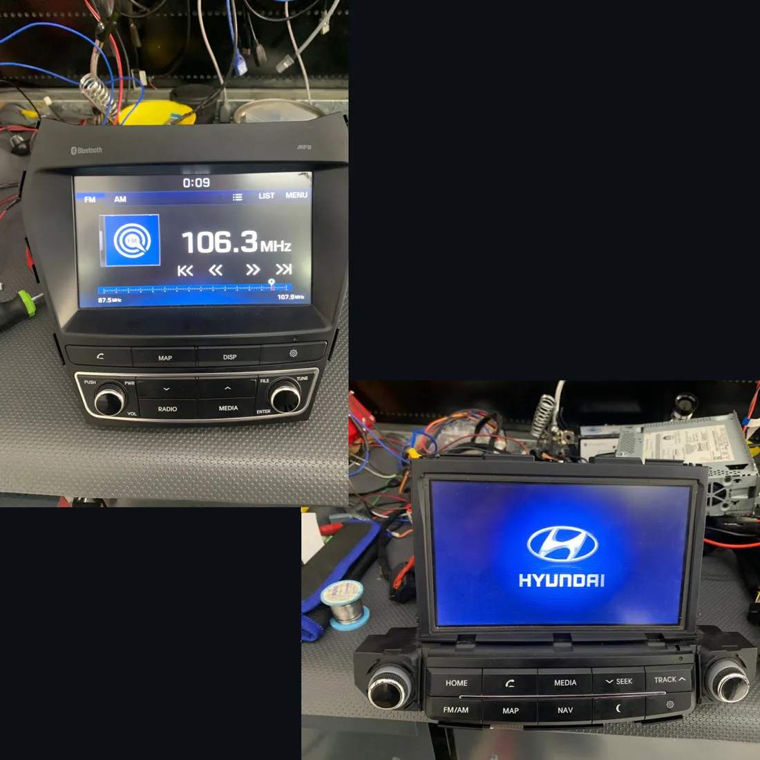 Pantalla original Hyundai en reparación en el banco de trabajo de Acevedo Serviauto